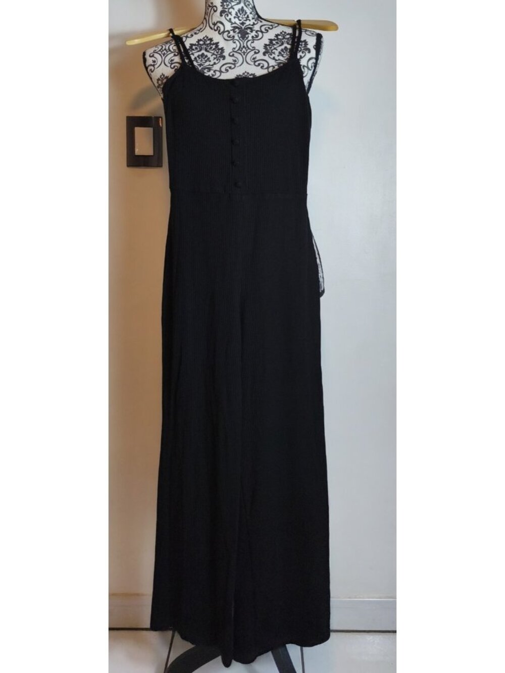 Reformation Black Ribbed Tencel Jumpsuit Wide Leg Spaghetti Strap S